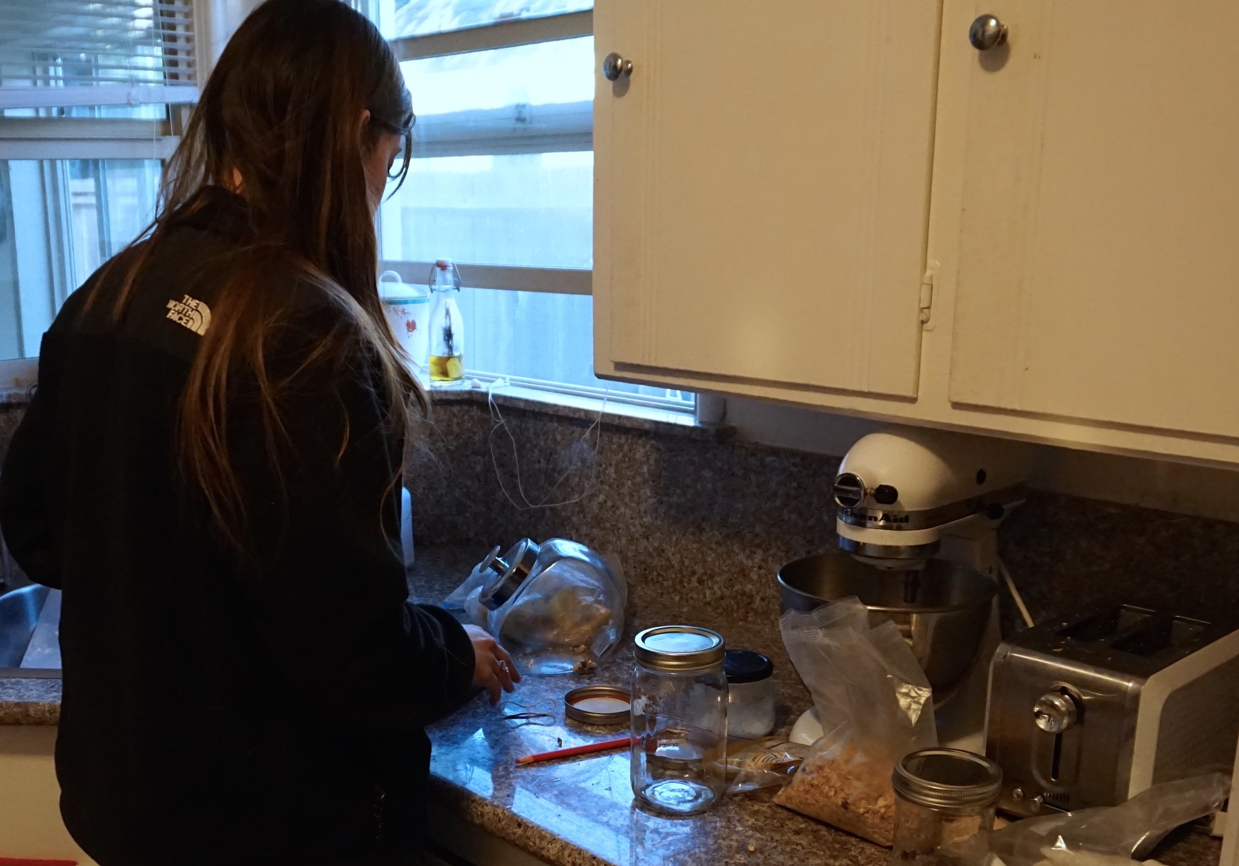 That's the last plastic you'll see in this kitchen. I'm finishing off the stock pile, and loading the jars with chocolate chips, granola, crackers, and some pasta.